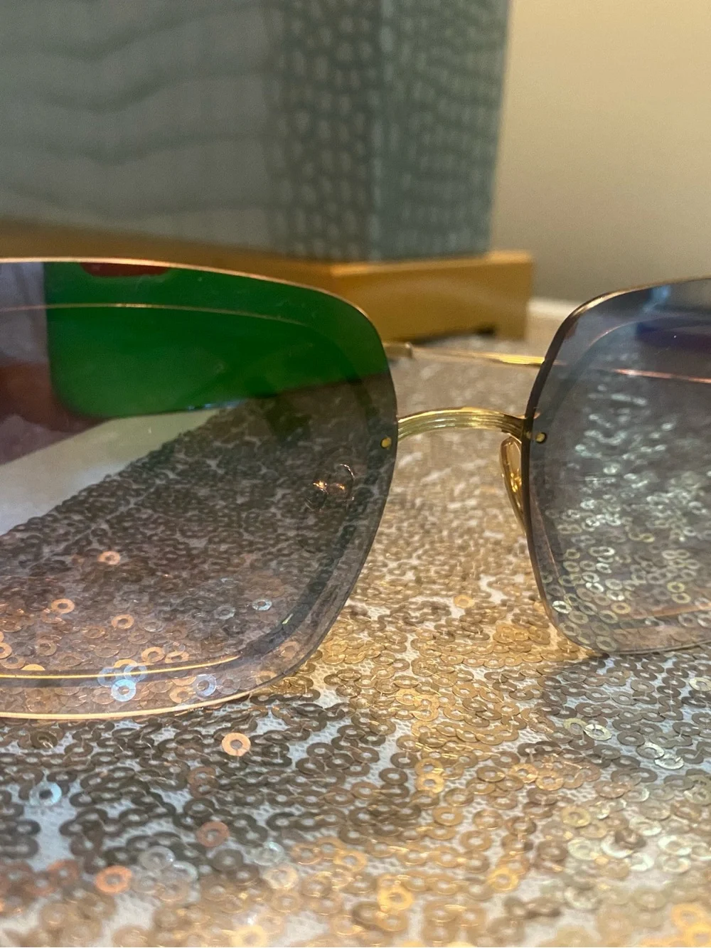 Krewe Green and Gold Square Women's Rimless Sunglasses
